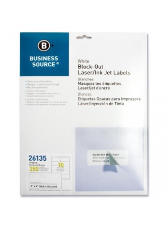 Business Source Block-out Shipping Laser/Inkjet Label, 2" x 4", Rectangle, Laser, Inkjet, White, Pack of 250